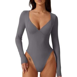 QINSEN Women’s Long Sleeve Bodysuit V Neck Body Suits Seamed Cup Going Out Tops Shirt(Grey)