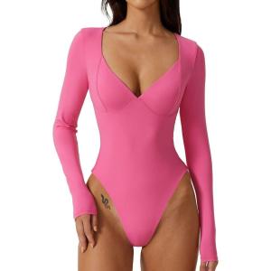 QINSEN Women’s Long Sleeve Bodysuit V Neck Body Suits Seamed Cup Going Out Tops Shirt(Magenta)