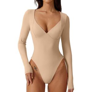 QINSEN Women’s Long Sleeve Bodysuit V Neck Body Suits Seamed Cup Going Out Tops Shirt(Marzipan)