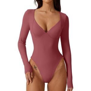 QINSEN Women’s Long Sleeve Bodysuit V Neck Body Suits Seamed Cup Going Out Tops Shirt(Merlot)