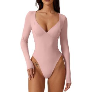 QINSEN Women’s Long Sleeve Bodysuit V Neck Body Suits Seamed Cup Going Out Tops Shirt(Pink)