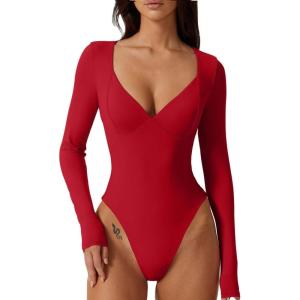 QINSEN Women’s Long Sleeve Bodysuit V Neck Body Suits Seamed Cup Going Out Tops Shirt(Red)
