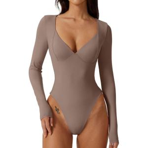 QINSEN Women’s Long Sleeve Bodysuit V Neck Body Suits Seamed Cup Going Out Tops Shirt(Rose Taupe)