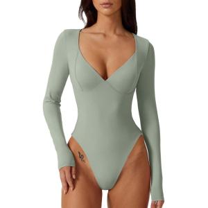 QINSEN Women’s Long Sleeve Bodysuit V Neck Body Suits Seamed Cup Going Out Tops Shirt(Smoke Green)