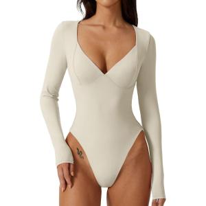 QINSEN Women’s Long Sleeve Bodysuit V Neck Body Suits Seamed Cup Going Out Tops Shirt(Splashed Whit)