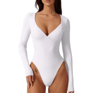 QINSEN Women’s Long Sleeve Bodysuit V Neck Body Suits Seamed Cup Going Out Tops Shirt(White)
