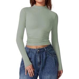 QINSEN Womens Mock Neck Long Sleeve Shirt Double Lined Basic Tees Side Ruched Going Out Crop Tops(Army Green(seagrass Green))