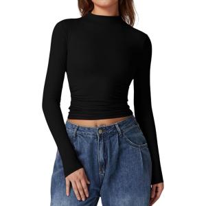 QINSEN Womens Mock Neck Long Sleeve Shirt Double Lined Basic Tees Side Ruched Going Out Crop Tops(Black)