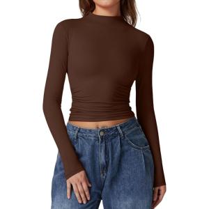 QINSEN Womens Mock Neck Long Sleeve Shirt Double Lined Basic Tees Side Ruched Going Out Crop Tops(Brown(chestnut))