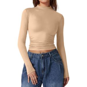 QINSEN Womens Mock Neck Long Sleeve Shirt Double Lined Basic Tees Side Ruched Going Out Crop Tops(Khaki)