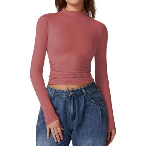 QINSEN Womens Mock Neck Long Sleeve Shirt Double Lined Basic Tees Side Ruched Going Out Crop Tops(Merlot)