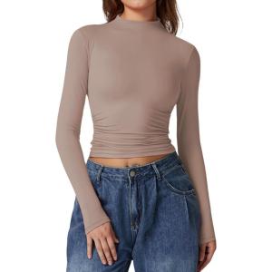 QINSEN Womens Mock Neck Long Sleeve Shirt Double Lined Basic Tees Side Ruched Going Out Crop Tops(Mushroom)