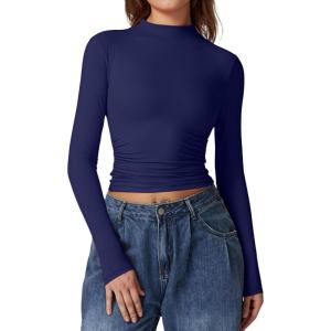 QINSEN Womens Mock Neck Long Sleeve Shirt Double Lined Basic Tees Side Ruched Going Out Crop Tops(Navy)