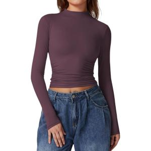 QINSEN Womens Mock Neck Long Sleeve Shirt Double Lined Basic Tees Side Ruched Going Out Crop Tops(Purple(plum Wine))