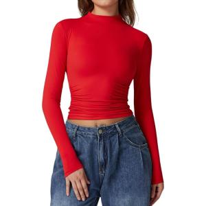 QINSEN Womens Mock Neck Long Sleeve Shirt Double Lined Basic Tees Side Ruched Going Out Crop Tops(Red)