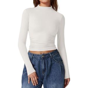 QINSEN Womens Mock Neck Long Sleeve Shirt Double Lined Basic Tees Side Ruched Going Out Crop Tops(White)