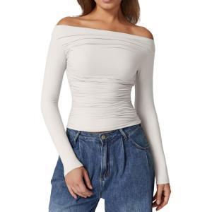QINSEN Womens Off Shoulder Long Sleeve Tops Ruched Going Out Crop Slim Fitted Double Lined Shirts(Beige White)