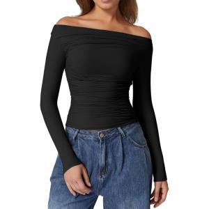 QINSEN Womens Off Shoulder Long Sleeve Tops Ruched Going Out Crop Slim Fitted Double Lined Shirts(Black)