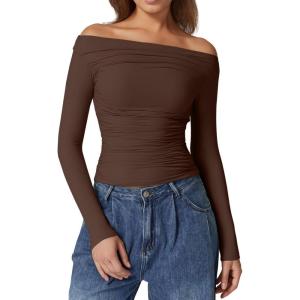 QINSEN Womens Off Shoulder Long Sleeve Tops Ruched Going Out Crop Slim Fitted Double Lined Shirts(Mocha Brown)