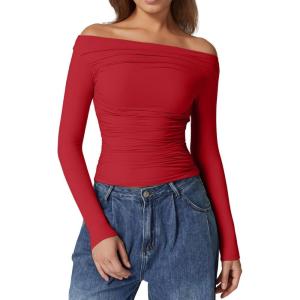 QINSEN Womens Off Shoulder Long Sleeve Tops Ruched Going Out Crop Slim Fitted Double Lined Shirts(Red)