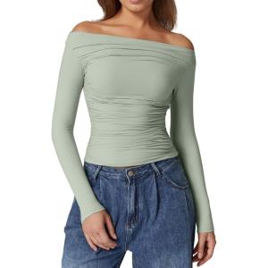 QINSEN Womens Off Shoulder Long Sleeve Tops Ruched Going Out Crop Slim Fitted Double Lined Shirts(Smoke Green)