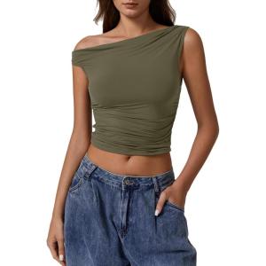 QINSEN Women’s One Shoulder Sleeveless Slim Fit T-Shirt(Army Gree)