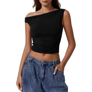 QINSEN Women’s One Shoulder Sleeveless Slim Fit T-Shirt(Black)