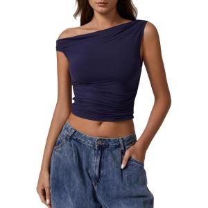 QINSEN Women’s One Shoulder Sleeveless Slim Fit T-Shirt(Navy)