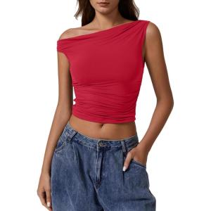 QINSEN Women’s One Shoulder Sleeveless Slim Fit T-Shirt(Red)