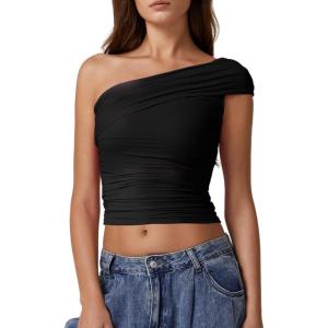 QINSEN Women’s One Shoulder Sleeveless T-Shirt(Black)