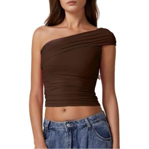 QINSEN Women’s One Shoulder Sleeveless T-Shirt(Chestnut)