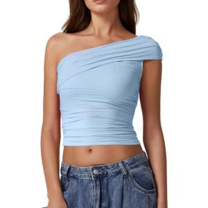 QINSEN Women’s One Shoulder Sleeveless T-Shirt(Light Blue)