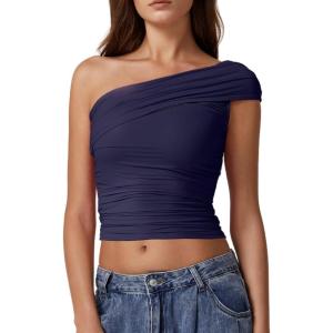 QINSEN Women’s One Shoulder Sleeveless T-Shirt(Navy Blue)