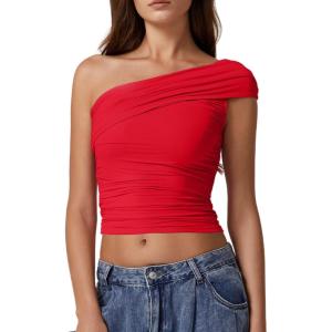 QINSEN Women’s One Shoulder Sleeveless T-Shirt(Red)