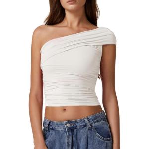 QINSEN Women’s One Shoulder Sleeveless T-Shirt(Splashed White)
