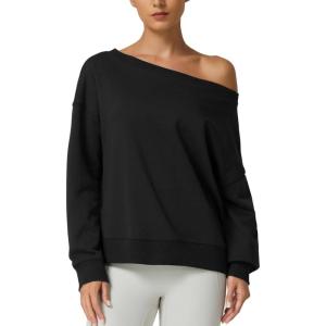 QINSEN Womens Oversized Sweatshirt Long Sleeve Off The Shoulder Pullover Casual Comfy Fall Outfits(Black)