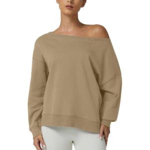 QINSEN Womens Oversized Sweatshirt Long Sleeve Off The Shoulder Pullover Casual Comfy Fall Outfits(Khaki)