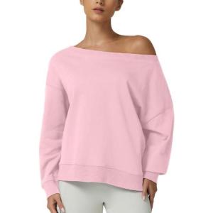 QINSEN Womens Oversized Sweatshirt Long Sleeve Off The Shoulder Pullover Casual Comfy Fall Outfits(Pink)