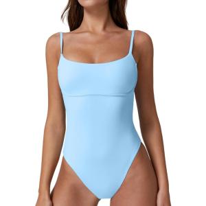 QINSEN Womens Seamed Cup Spaghetti Straps One Piece Bathing Suits Tummy Control Cheeky Swimsuit(Airy Blue)