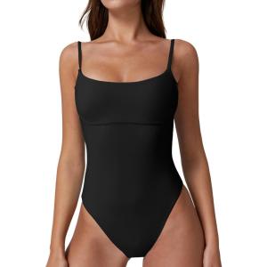 QINSEN Womens Seamed Cup Spaghetti Straps One Piece Bathing Suits Tummy Control Cheeky Swimsuit(Black)