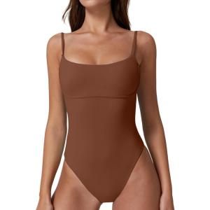 QINSEN Womens Seamed Cup Spaghetti Straps One Piece Bathing Suits Tummy Control Cheeky Swimsuit(Chestnut)