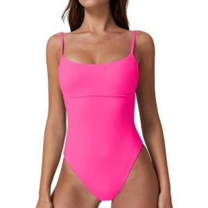 QINSEN Womens Seamed Cup Spaghetti Straps One Piece Bathing Suits Tummy Control Cheeky Swimsuit(Hot Pink)