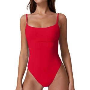 QINSEN Womens Seamed Cup Spaghetti Straps One Piece Bathing Suits Tummy Control Cheeky Swimsuit(Red)