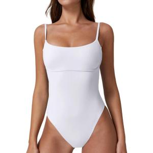 QINSEN Womens Seamed Cup Spaghetti Straps One Piece Bathing Suits Tummy Control Cheeky Swimsuit(White)