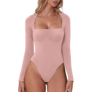 QINSEN Women’s Sexy Square Neck Bodysuit Long Sleeve Double Lined Shirt Tops(Bridal Rose)