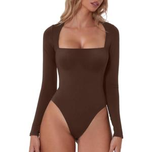 QINSEN Women’s Sexy Square Neck Bodysuit Long Sleeve Double Lined Shirt Tops(Coffee Bean)