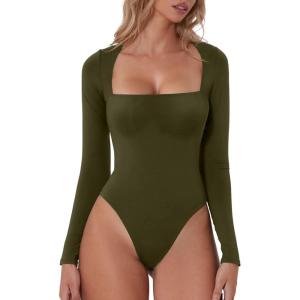 QINSEN Women’s Sexy Square Neck Bodysuit Long Sleeve Double Lined Shirt Tops(Dark Olive)
