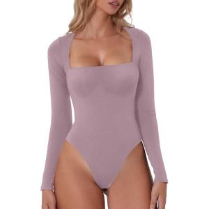 QINSEN Women’s Sexy Square Neck Bodysuit Long Sleeve Double Lined Shirt Tops(Fragrant Lilac)