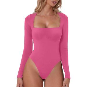 QINSEN Women’s Sexy Square Neck Bodysuit Long Sleeve Double Lined Shirt Tops(Magenta)