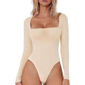 QINSEN Women’s Sexy Square Neck Bodysuit Long Sleeve Double Lined Shirt Tops(Marzipan)